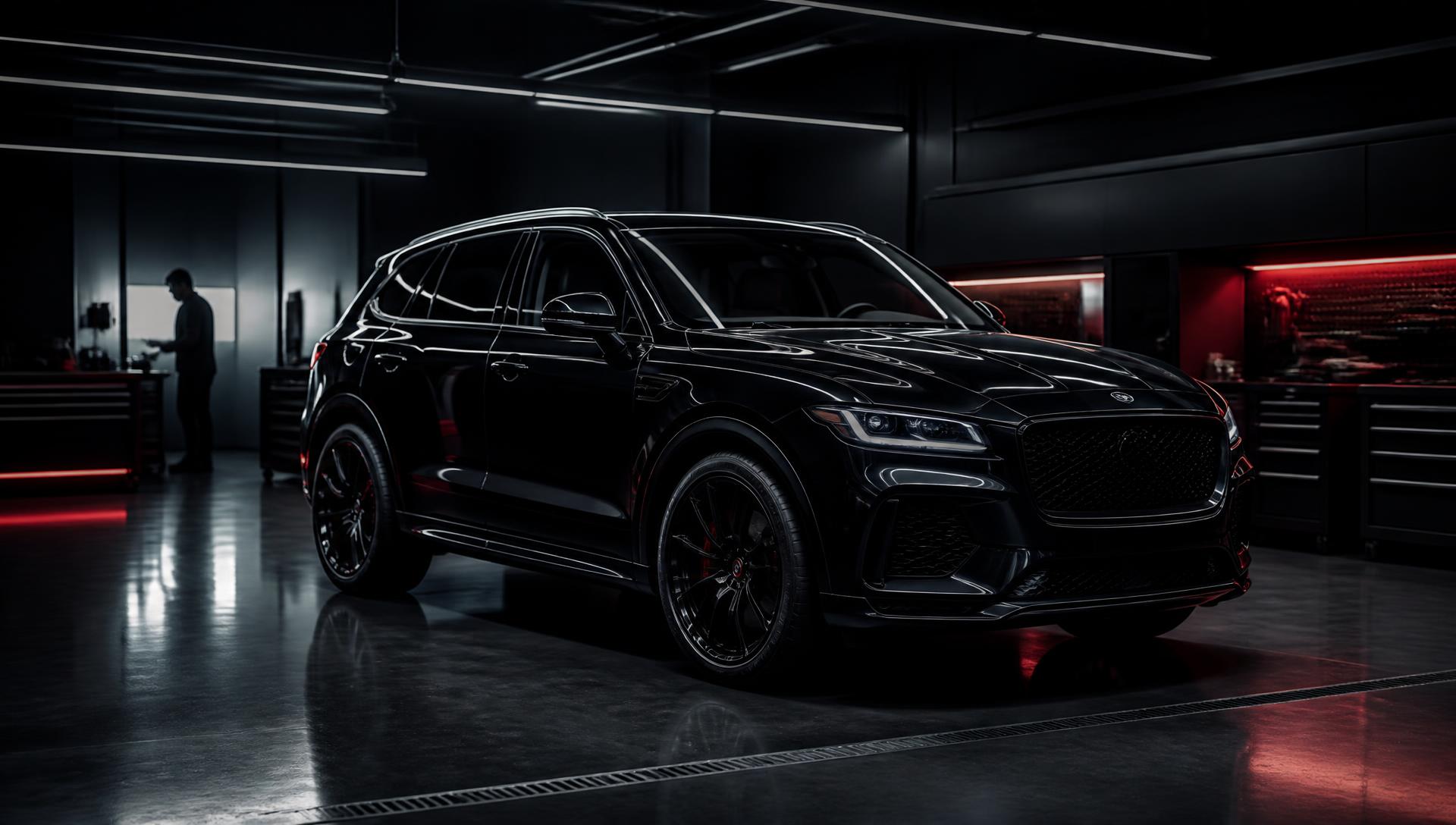 SUV premium em ambiente técnico escuro de blindagem automotiva
