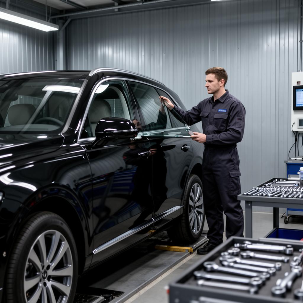 Técnico inspecionando vidro blindado de SUV