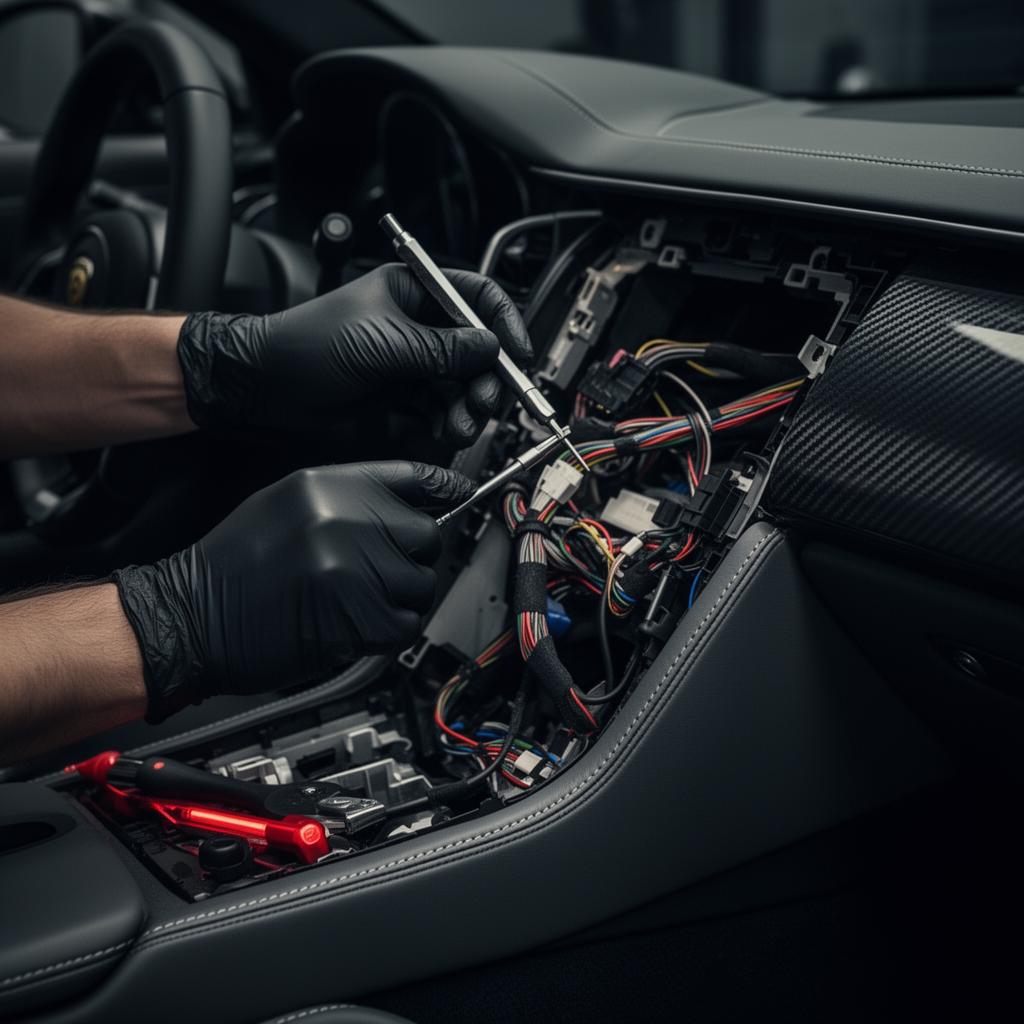 Técnico realizando desmontagem cuidadosa de painel automotivo